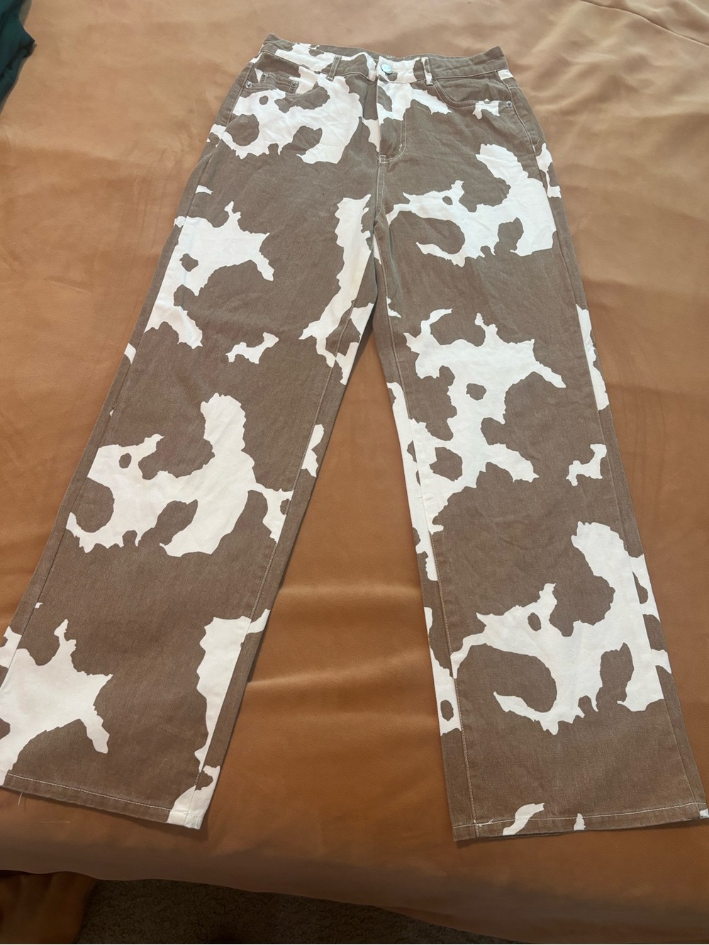 12th Tribe Brown and White Cow-Print Wide-Leg Jeans